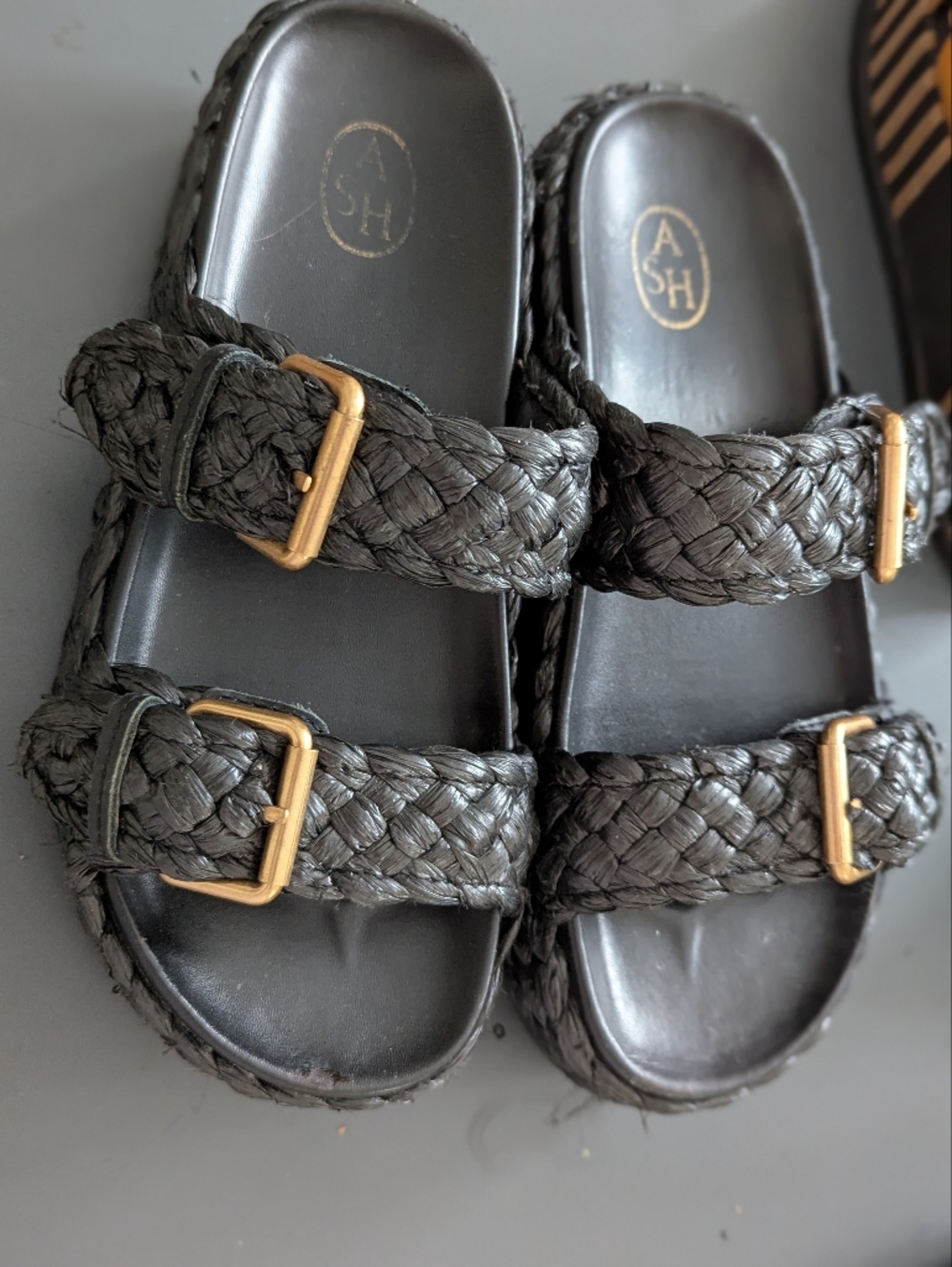 ASH Sandals Slide Raffia Woven Buckle Platform Black Women Sz 8